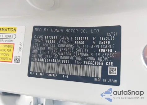 2022 Honda Civic Ex из США, поврежденный, VIN JHMFE1F76NX010051